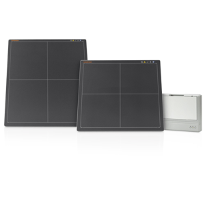 Two Focus flat panel X-ray detectors in different sizes displayed upright next to a wireless access point