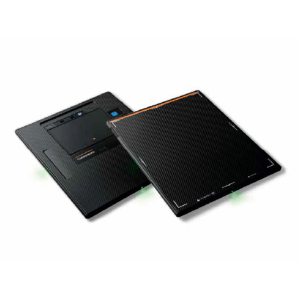 Two Lux 35 wireless flat panel X-ray detectors angled together showing their carbon-fiber imaging surfaces