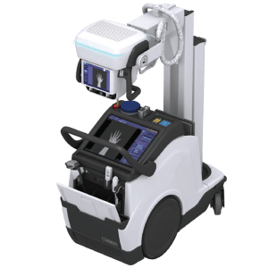 Odyssey Plus Mobile System portable X-ray unit with overhead tube arm displaying a hand X-ray on its touchscreen
