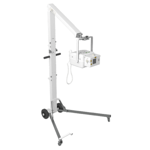Rendered one-piece portable X-ray unit on a wheeled cart with folding arm and handle grip