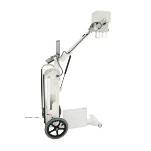 Portable digital X-ray unit on a wheeled cart, angled view showing the arm extended with the generator head and detector case attached