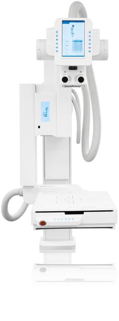 Konica Minolta Acuity UDR upright radiography system with overhead tube, wall stand, and table, vertical configuration