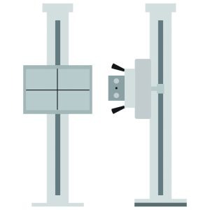 Line illustration of a floor-to-ceiling X-ray tube stand and wall-mounted detector positioned for a chiropractic exam room