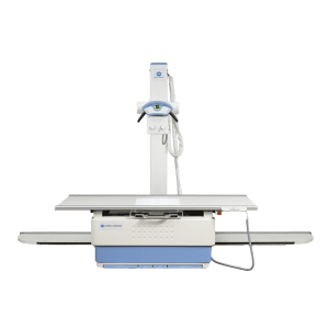 Konica Minolta floor-mounted X-ray system with overhead tube column and imaging table