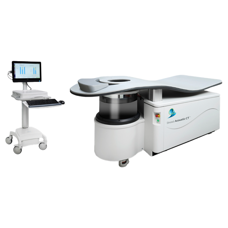 QT Imaging Breast Acoustic CT scanner, angled view showing the scanning table and console
