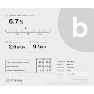 Volpara Scorecard report showing volumetric breast density, radiation dose, compression pressure, and per-breast measurement tables