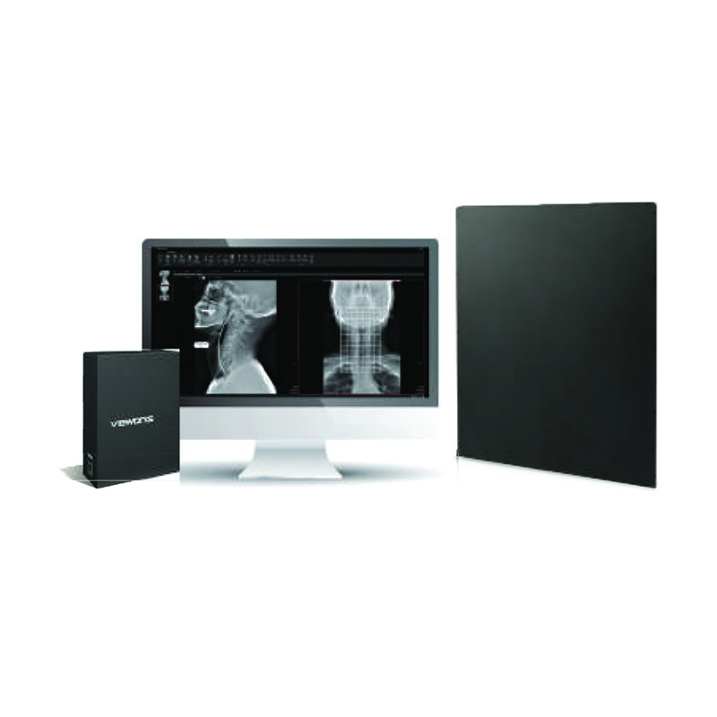 Vieworks Vivix-S 1717V flat panel detector next to a QXLink workstation monitor displaying skull and spine X-rays