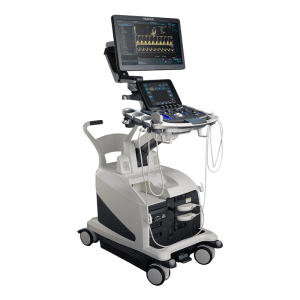 Angled view of the Fujifilm LISENDO 880 cardiovascular ultrasound system on a mobile cart with monitor, control panel, and probe holders