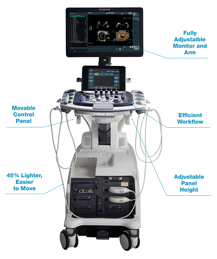 Fujifilm LISENDO 880 cardiovascular ultrasound system on a mobile cart, labeled with features including fully adjustable monitor and arm, movable control panel, adjustable panel height, efficient workflow, and 45% lighter design