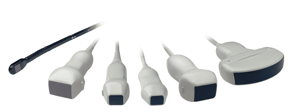 Fan display of five ultrasound transducer probes available for the Fujifilm LISENDO 880 cardiovascular ultrasound system