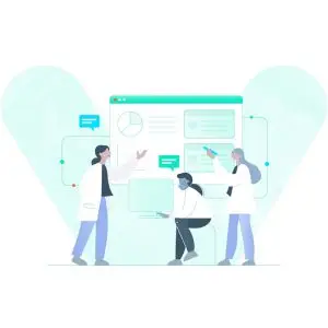 Illustration of clinicians reviewing an analytics dashboard with charts and reports on a large screen