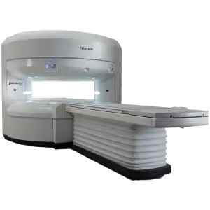 Fujifilm Oasis Velocity wide-bore MRI scanner shown from the front with sliding patient table