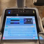 Shimadzu mobile X-ray unit touchscreen control panel displaying patient information entry screen