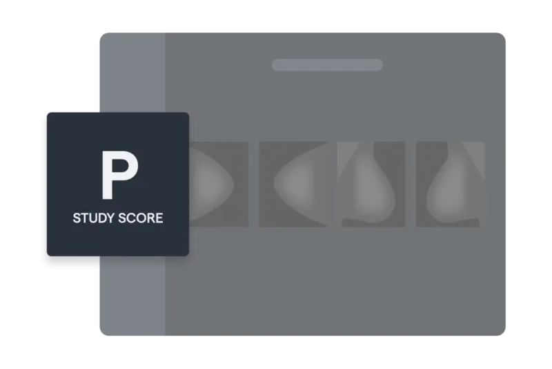 Illustration of a breast cancer screening quality score panel labeled with grade P over a set of mammogram thumbnails