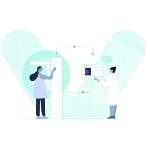 Illustration of a technologist positioning a patient at a mammography unit while a radiologist reviews images on a connected monitor, with the Volpara Live logo shape in the background