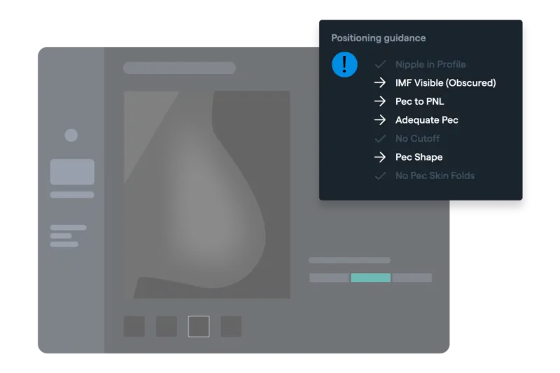 Illustration of a Volpara Live positioning guidance checklist for mammogram image quality, showing items like nipple in profile and pec to PNL