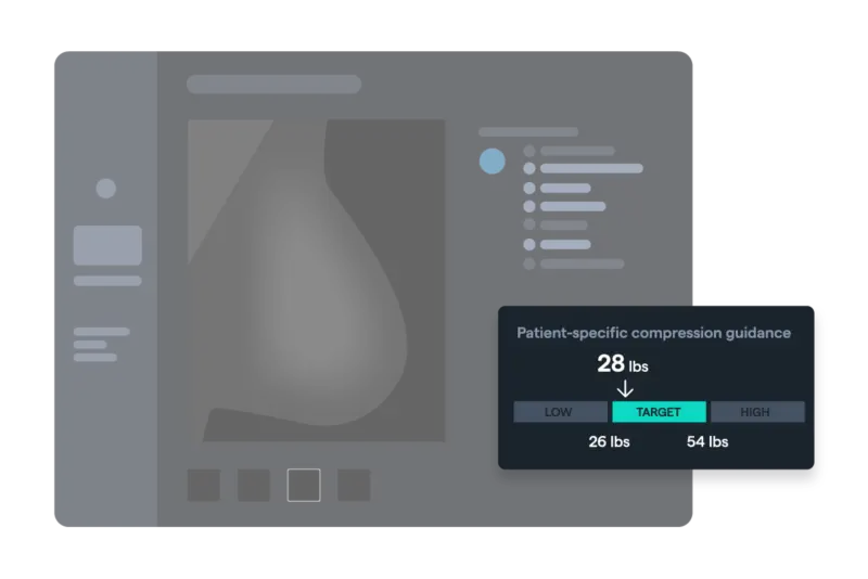 Illustration of a Volpara Live compression guidance panel showing a target compression force of 28 lbs on a mammogram