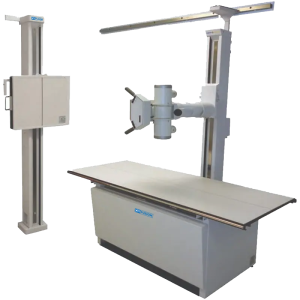 XR Fusion AC400 X-ray system with overhead tube crane, imaging table, and wall-mounted detector stand