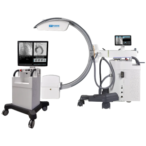 XR Fusion Agility Plus mobile C-arm with dual imaging monitors displaying fluoroscopy images