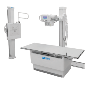 XR Fusion DFMT digital fluoroscopy and radiography table with overhead tube crane and wall detector stand