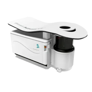 Rendering of the QT Imaging Breast Acoustic CT scanner with the QT Imaging logo on the housing