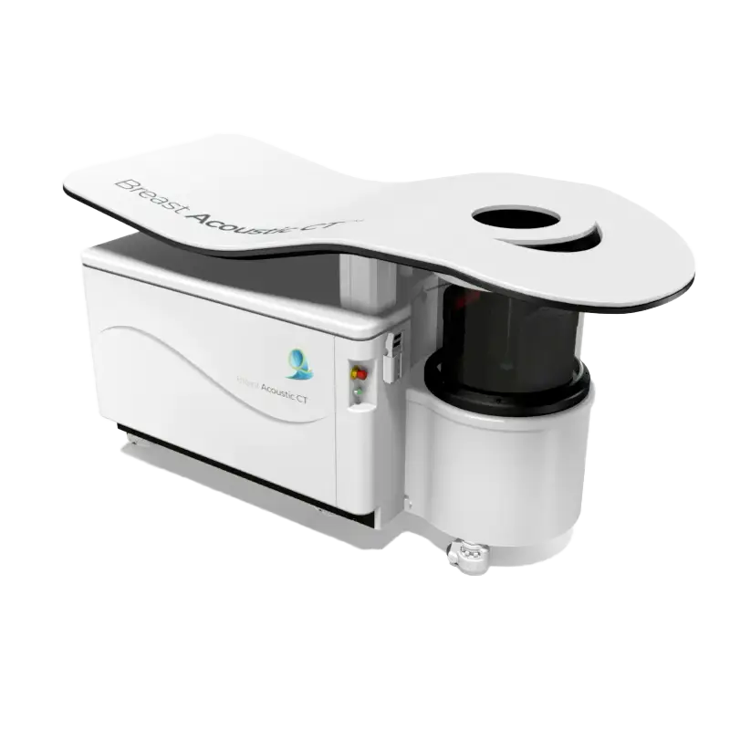 Rendering of the QT Imaging Breast Acoustic CT scanner with the QT Imaging logo on the housing