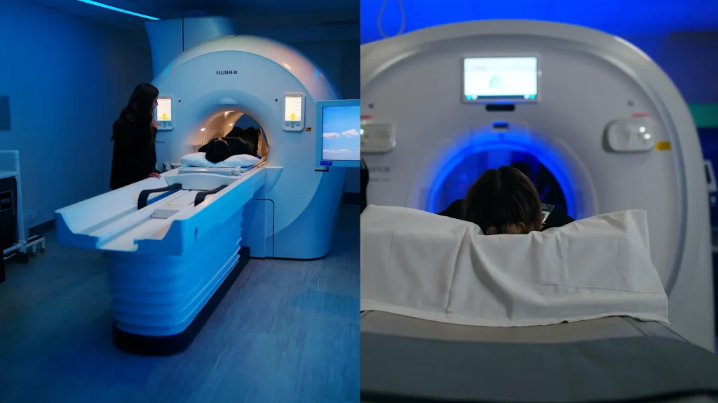 Side-by-side images of patients undergoing MRI and CT scans in blue-lit exam rooms, illustrating temporary imaging services