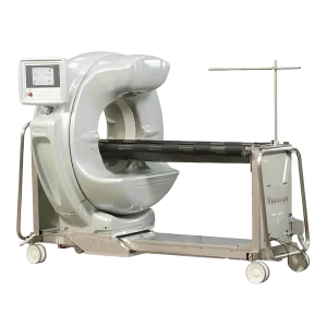 Epica Vimago GT30 veterinary CT scanner with open gantry, sliding patient table, and support arm