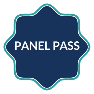 Panel Pass program badge icon in navy and teal on a scalloped seal shape
