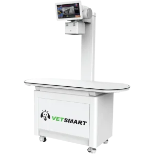 VetSmart veterinary X-ray table with overhead tube column, touchscreen monitor, and rolling base