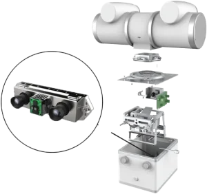 Exploded technical diagram of a veterinary X-ray tube head and detector assembly components
