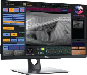 20/20 Imaging touchscreen interface for selecting veterinary X-ray technique by animal type and body region, with a sample radiograph