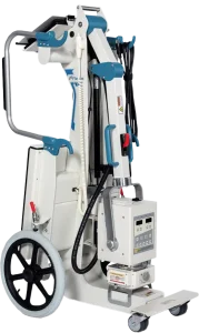 iQ Flex-M portable X-ray unit with teal accents, side view showing the folding arm, control panel, and wheeled base
