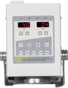 Close-up of the iQ Flex-M generator control panel showing kV and mAs digital readouts and preset buttons