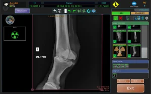 AeroDR veterinary imaging software interface displaying an equine fetlock X-ray with exam thumbnails
