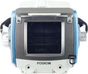 Front view of a Poskom portable X-ray generator head with viewing window and branding