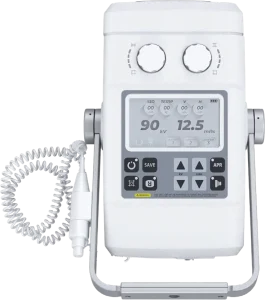 Front view of a portable X-ray generator showing the kV and mAs display, control dials, and coiled hand switch
