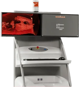 Imaginalis workstation display showing a 3D reconstructed CT scan alongside a patient information login screen