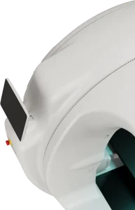 Close-up of the Vimago cone beam CT gantry showing the emergency stop control panel mounted on the bore opening