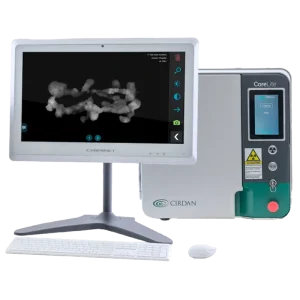 CoreLite bone densitometer scanner unit next to a Cybernet display monitor showing a scanned bone image
