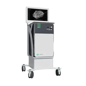 Cirdan Solas OR specimen imaging cart with monitor displaying a breast tissue specimen scan with needle markers, on a wheeled base