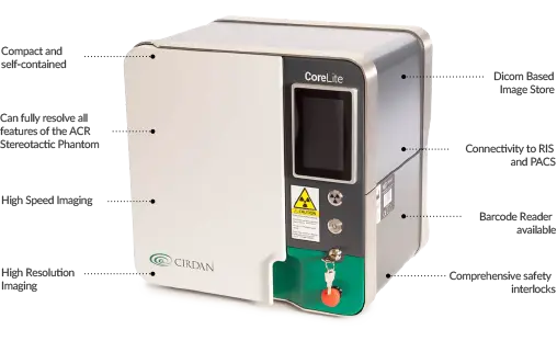 Diagram of the CoreLite scanner highlighting features including compact design, DICOM image store, high resolution imaging, RIS/PACS connectivity, barcode reader, and safety interlocks