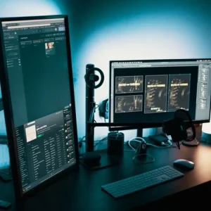 Dark home office desk setup with dual monitors displaying a service ticket queue and design software