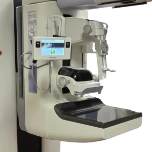 Hologic Affirm prone biopsy system touchscreen and compression paddle mounted on a mammography gantry