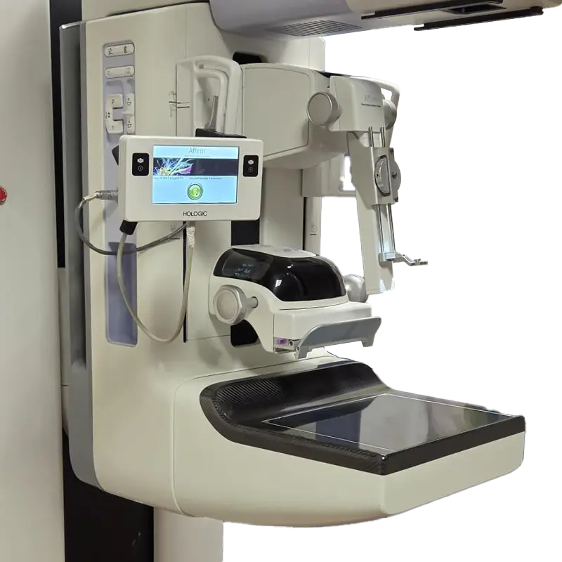 Hologic Affirm prone biopsy system touchscreen and compression paddle mounted on a mammography gantry