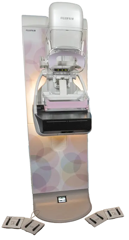 Fujifilm Aspire mammography system with pastel floral panel design, front view