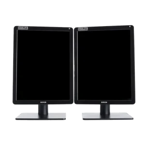 Pair of Barco medical-grade monitors approved for mammography, front view on stands