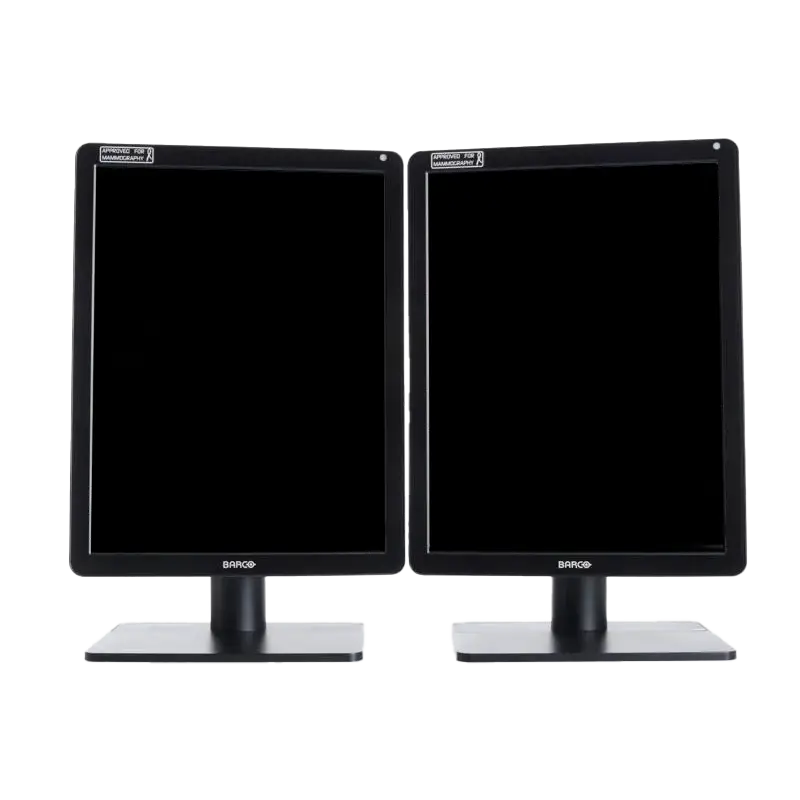 Pair of Barco medical-grade monitors approved for mammography, front view on stands