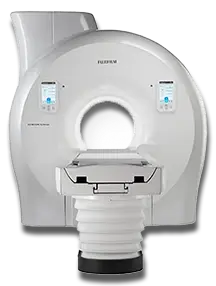 Fujifilm Synergy MRI scanner, front view of the gantry with control touchscreens