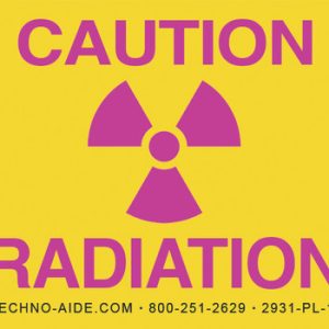 Yellow radiation caution sign with magenta trefoil symbol reading "CAUTION RADIATION"